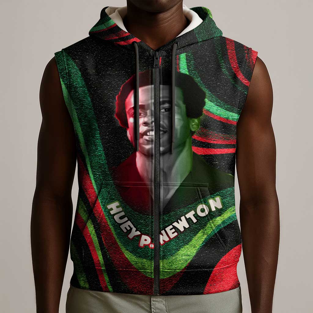 Huey P. Newton Sleeveless Zip Hoodie Swirl Design Black Panther Party Symbol Revolutionary Tribute - African Pride