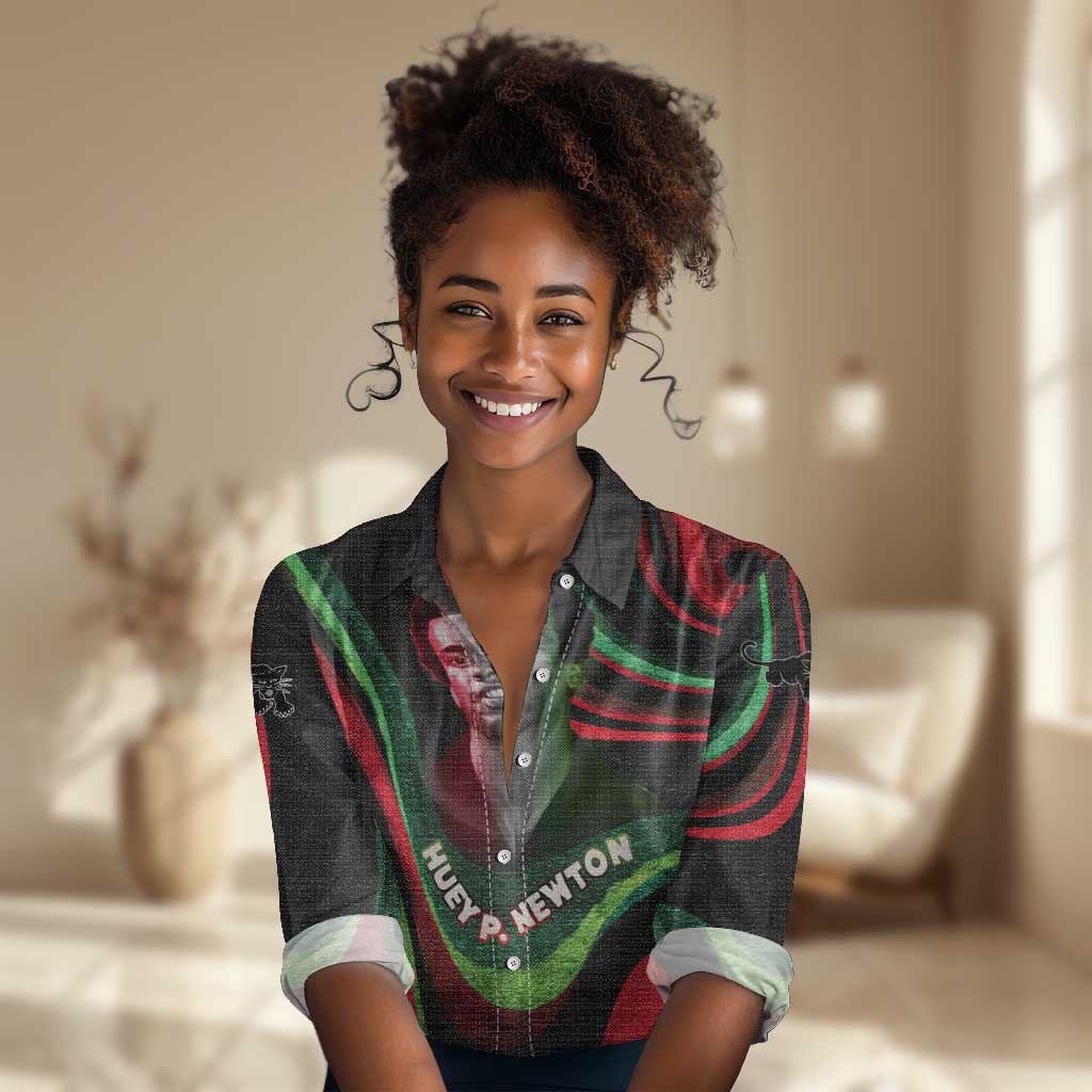 Huey P. Newton Women Casual Shirt Swirl Design Black Panther Party Symbol Revolutionary Tribute - African Pride
