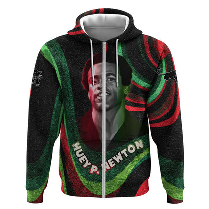 Huey P. Newton Zip Hoodie Swirl Design Black Panther Party Symbol Revolutionary Tribute - African Pride