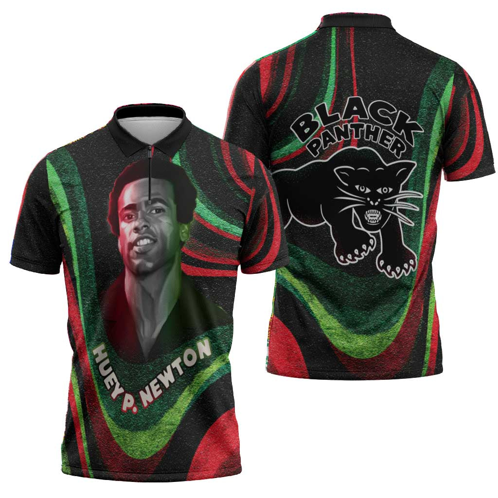 Huey P. Newton Zipper Polo Shirt Swirl Design Black Panther Party Symbol Revolutionary Tribute - African Pride