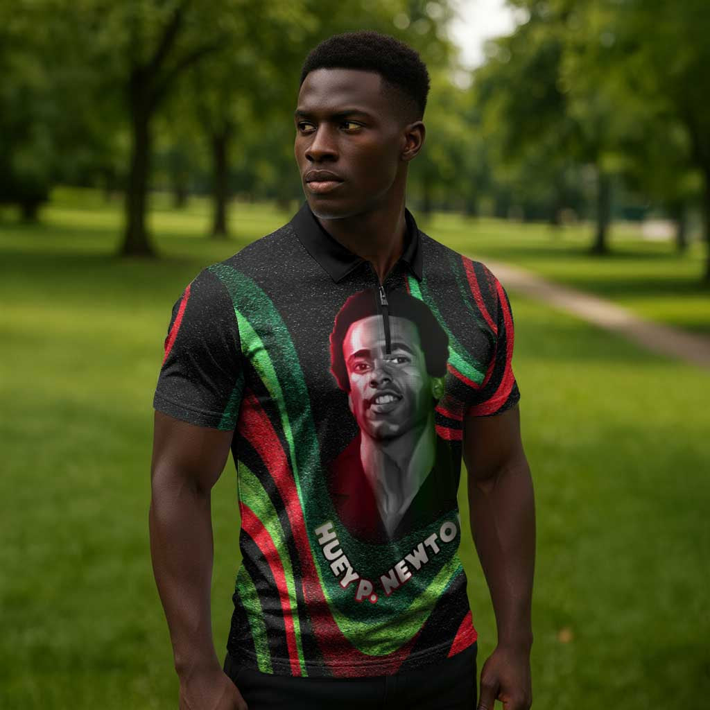 Huey P. Newton Zipper Polo Shirt Swirl Design Black Panther Party Symbol Revolutionary Tribute - African Pride