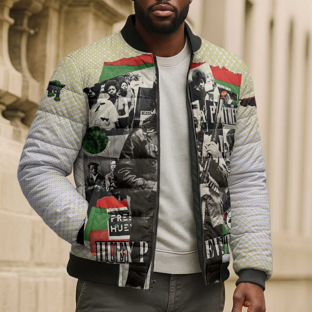 Huey P. Newton Bomber Puffer Jacket Black Panther Collage Design Civil Rights Movement Theme Revolutionary Tribute - African Pride