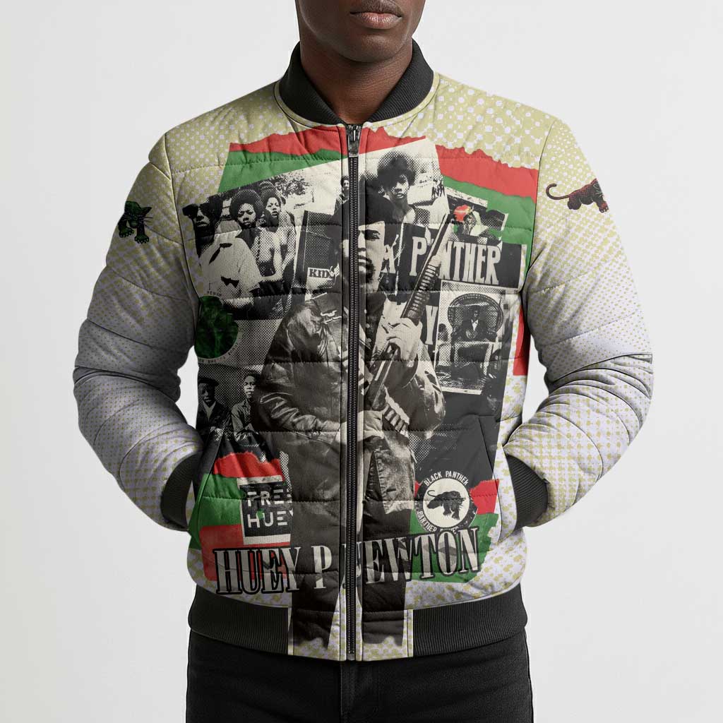 Huey P. Newton Bomber Puffer Jacket Black Panther Collage Design Civil Rights Movement Theme Revolutionary Tribute - African Pride