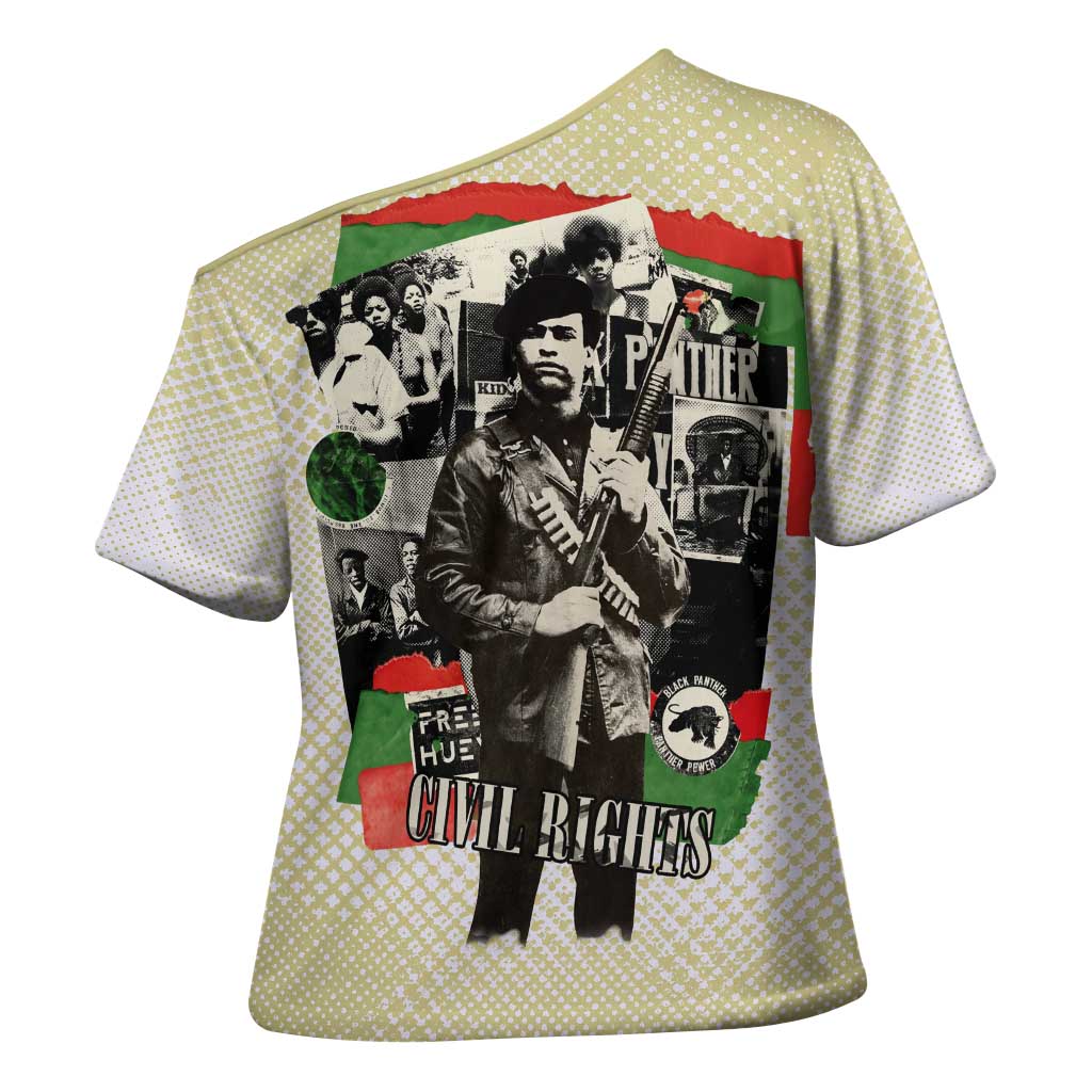 Huey P. Newton Cross Shoulder Shirt Black Panther Collage Design Civil Rights Movement Theme Revolutionary Tribute - African Pride