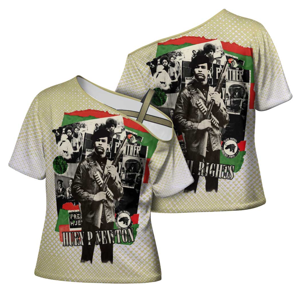 Huey P. Newton Cross Shoulder Shirt Black Panther Collage Design Civil Rights Movement Theme Revolutionary Tribute - African Pride