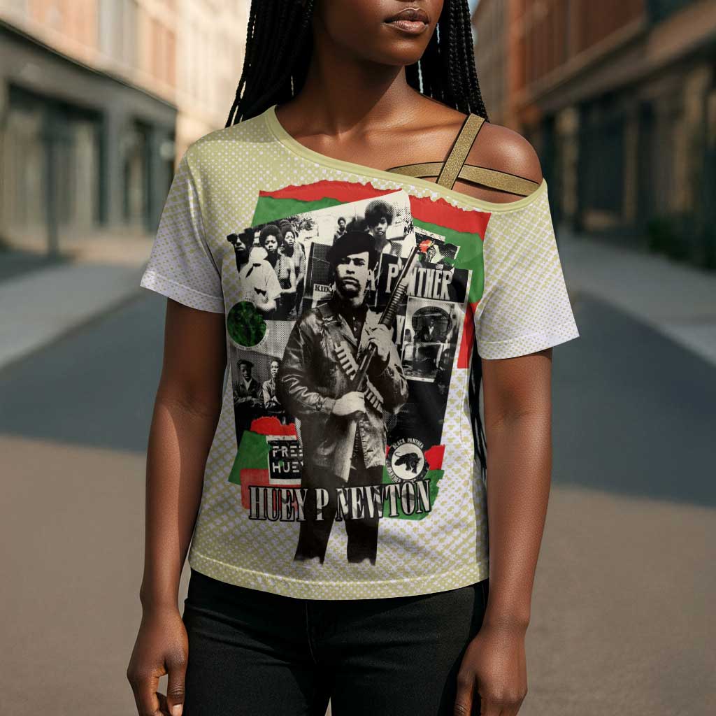 Huey P. Newton Cross Shoulder Shirt Black Panther Collage Design Civil Rights Movement Theme Revolutionary Tribute - African Pride