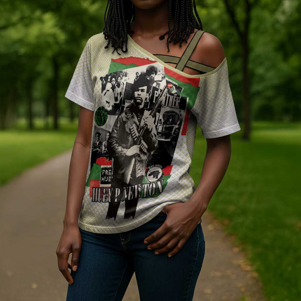 Huey P. Newton Cross Shoulder Shirt Black Panther Collage Design Civil Rights Movement Theme Revolutionary Tribute - African Pride