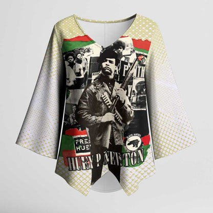 Huey P. Newton Kimono Sleeve Blouse Black Panther Collage Design Civil Rights Movement Theme Revolutionary Tribute - African Pride