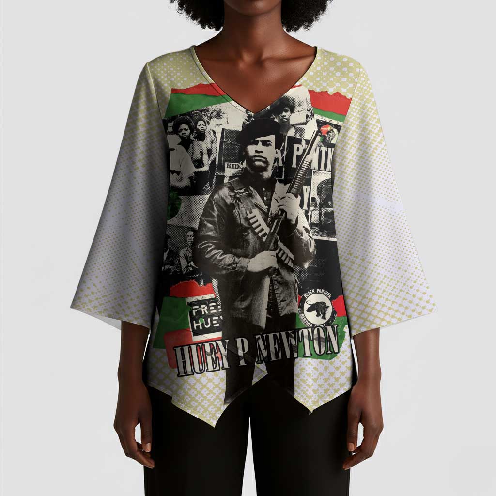 Huey P. Newton Kimono Sleeve Blouse Black Panther Collage Design Civil Rights Movement Theme Revolutionary Tribute - African Pride