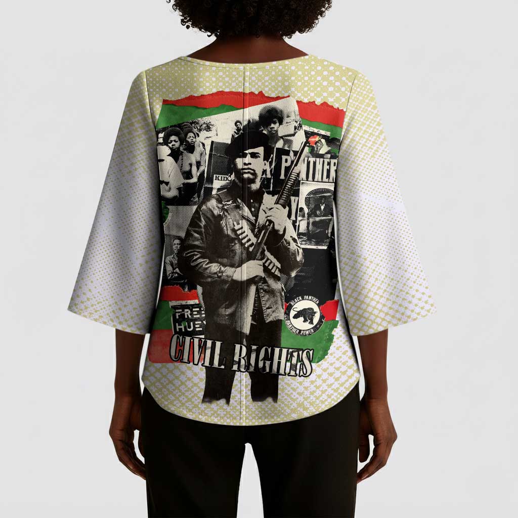 Huey P. Newton Kimono Sleeve Blouse Black Panther Collage Design Civil Rights Movement Theme Revolutionary Tribute - African Pride