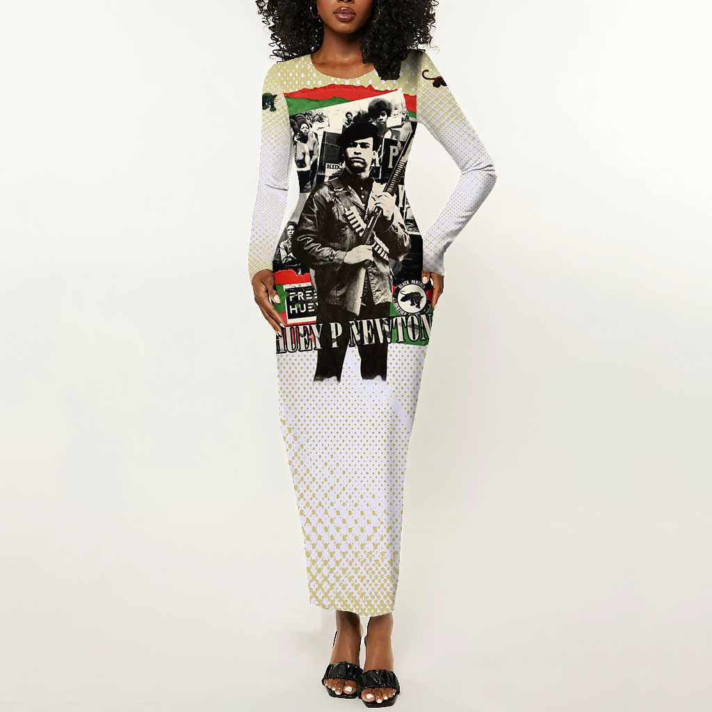 Huey P. Newton Long Sleeve Bodycon Dress Black Panther Collage Design Civil Rights Movement Theme Revolutionary Tribute - African Pride