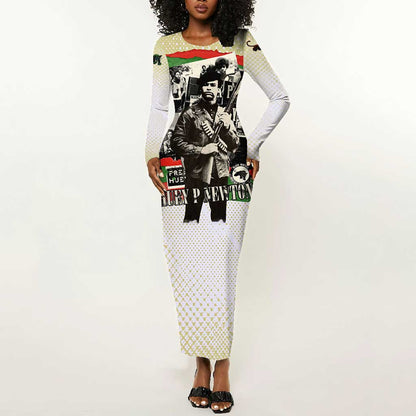 Huey P. Newton Long Sleeve Bodycon Dress Black Panther Collage Design Civil Rights Movement Theme Revolutionary Tribute - African Pride