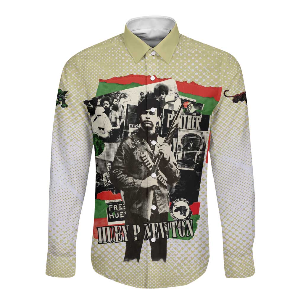 Huey P. Newton Long Sleeve Button Shirt Black Panther Collage Design Civil Rights Movement Theme Revolutionary Tribute - African Pride