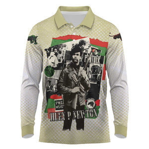 Huey P. Newton Long Sleeve Polo Shirt Black Panther Collage Design Civil Rights Movement Theme Revolutionary Tribute - African Pride
