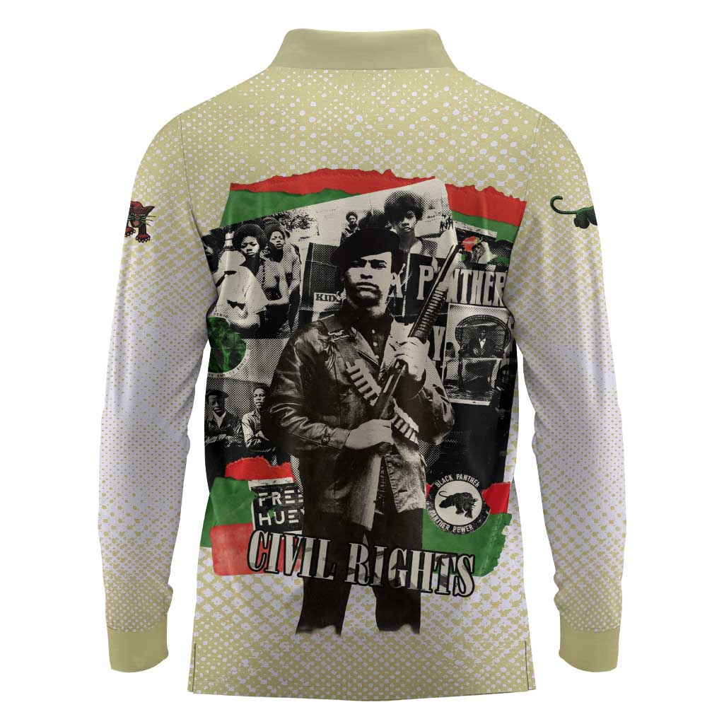 Huey P. Newton Long Sleeve Polo Shirt Black Panther Collage Design Civil Rights Movement Theme Revolutionary Tribute - African Pride