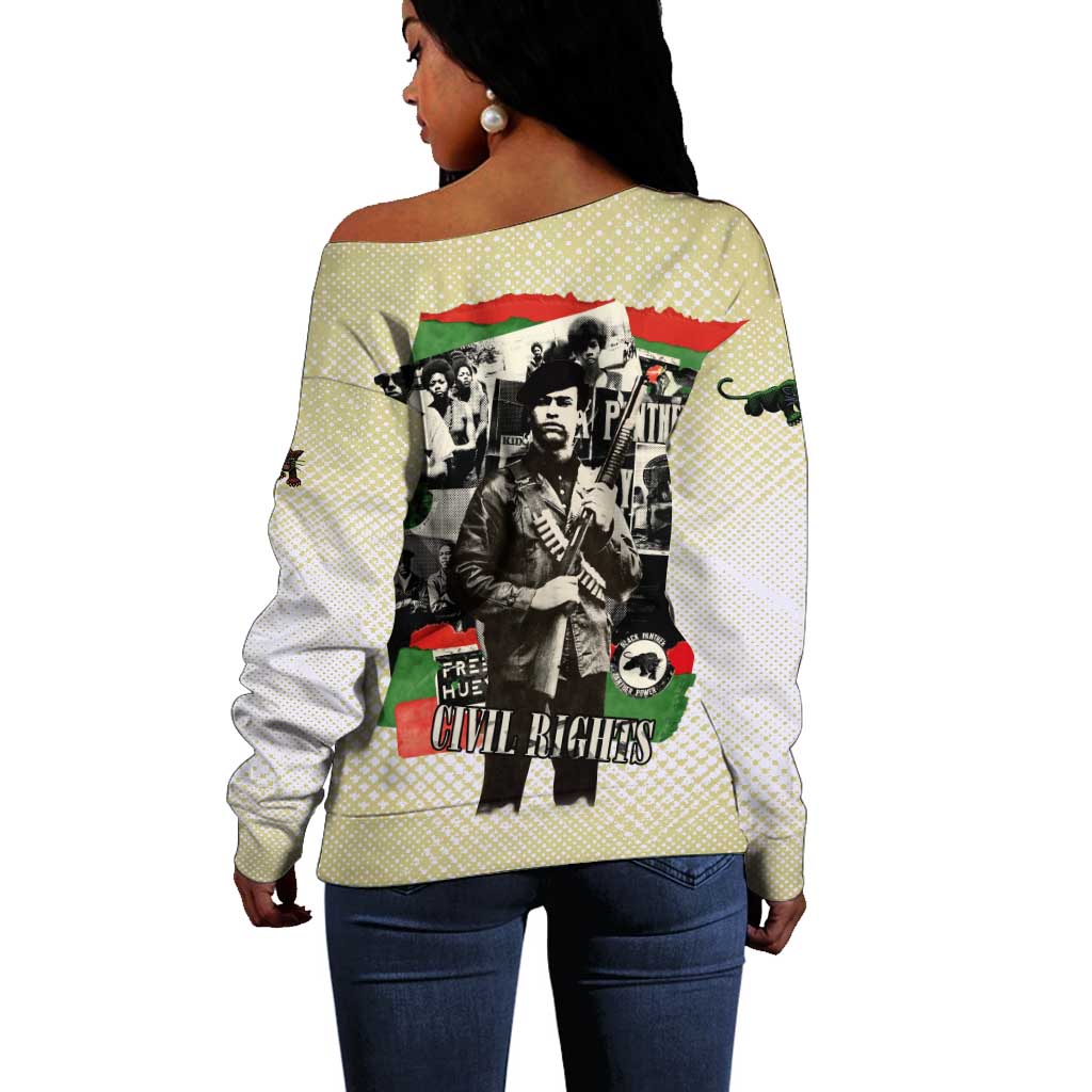 Huey P. Newton Off Shoulder Sweater Black Panther Collage Design Civil Rights Movement Theme Revolutionary Tribute - African Pride