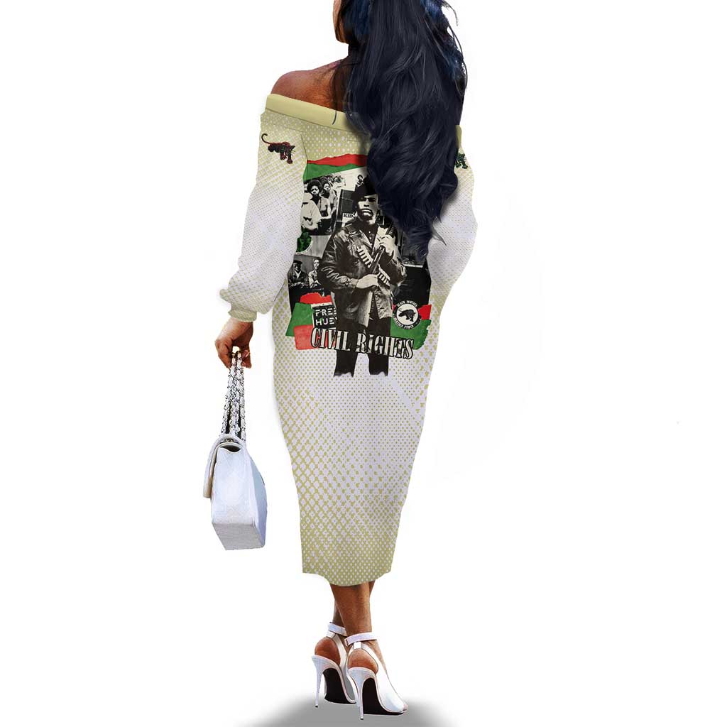 Huey P. Newton Off The Shoulder Long Sleeve Dress Black Panther Collage Design Civil Rights Movement Theme Revolutionary Tribute - African Pride