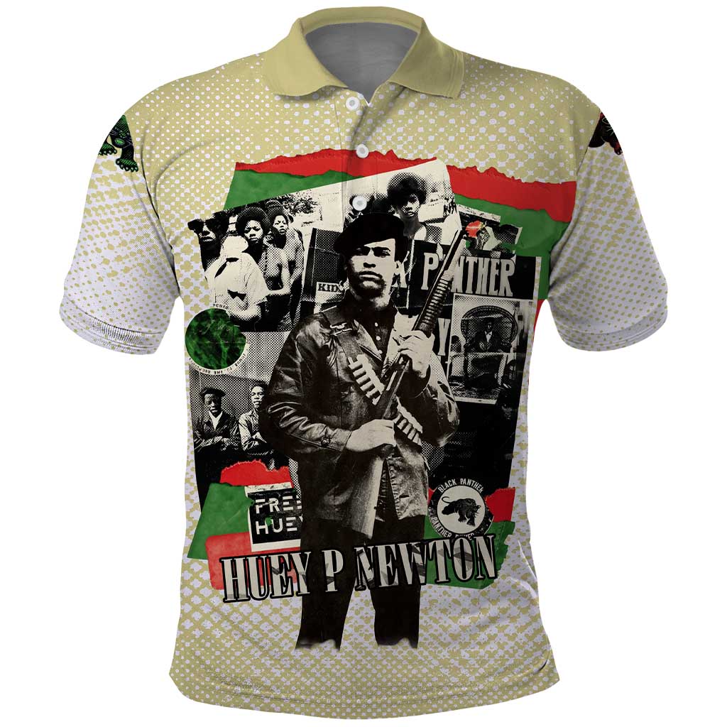 Huey P. Newton Polo Shirt Black Panther Collage Design Civil Rights Movement Theme Revolutionary Tribute TS04