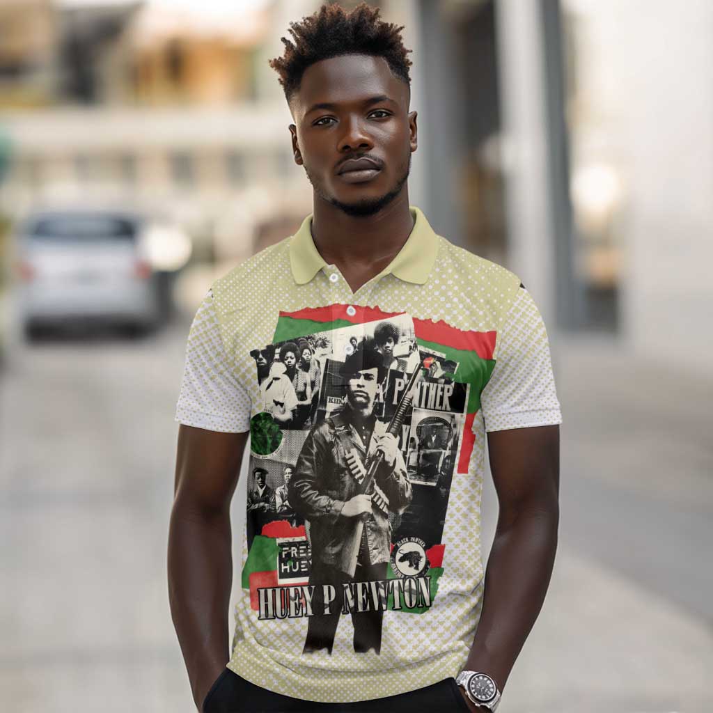 Huey P. Newton Polo Shirt Black Panther Collage Design Civil Rights Movement Theme Revolutionary Tribute TS04