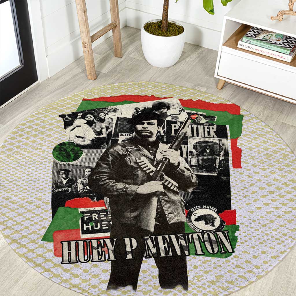 Huey P. Newton Round Carpet Black Panther Collage Design Civil Rights Movement Theme Revolutionary Tribute - African Pride