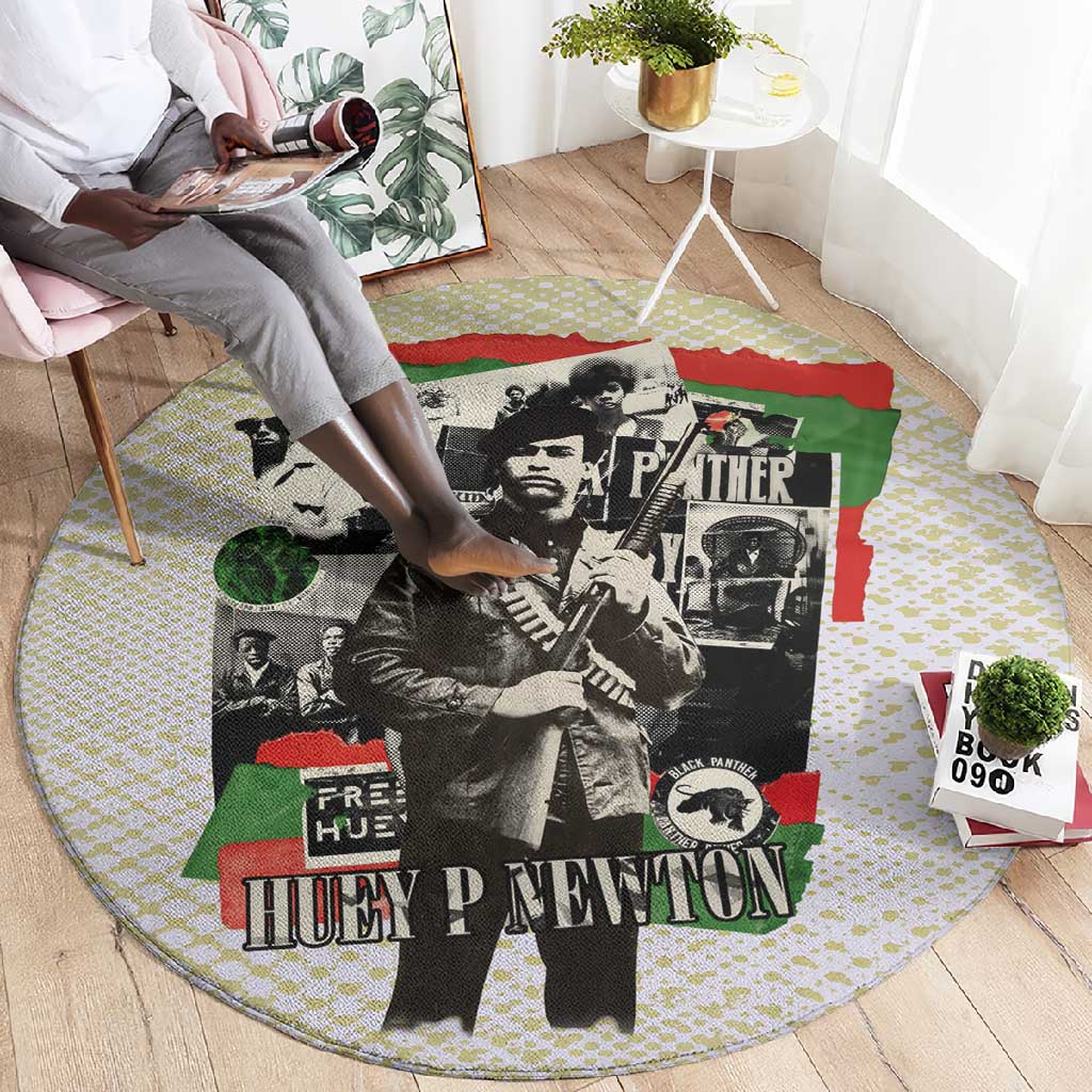 Huey P. Newton Round Carpet Black Panther Collage Design Civil Rights Movement Theme Revolutionary Tribute - African Pride