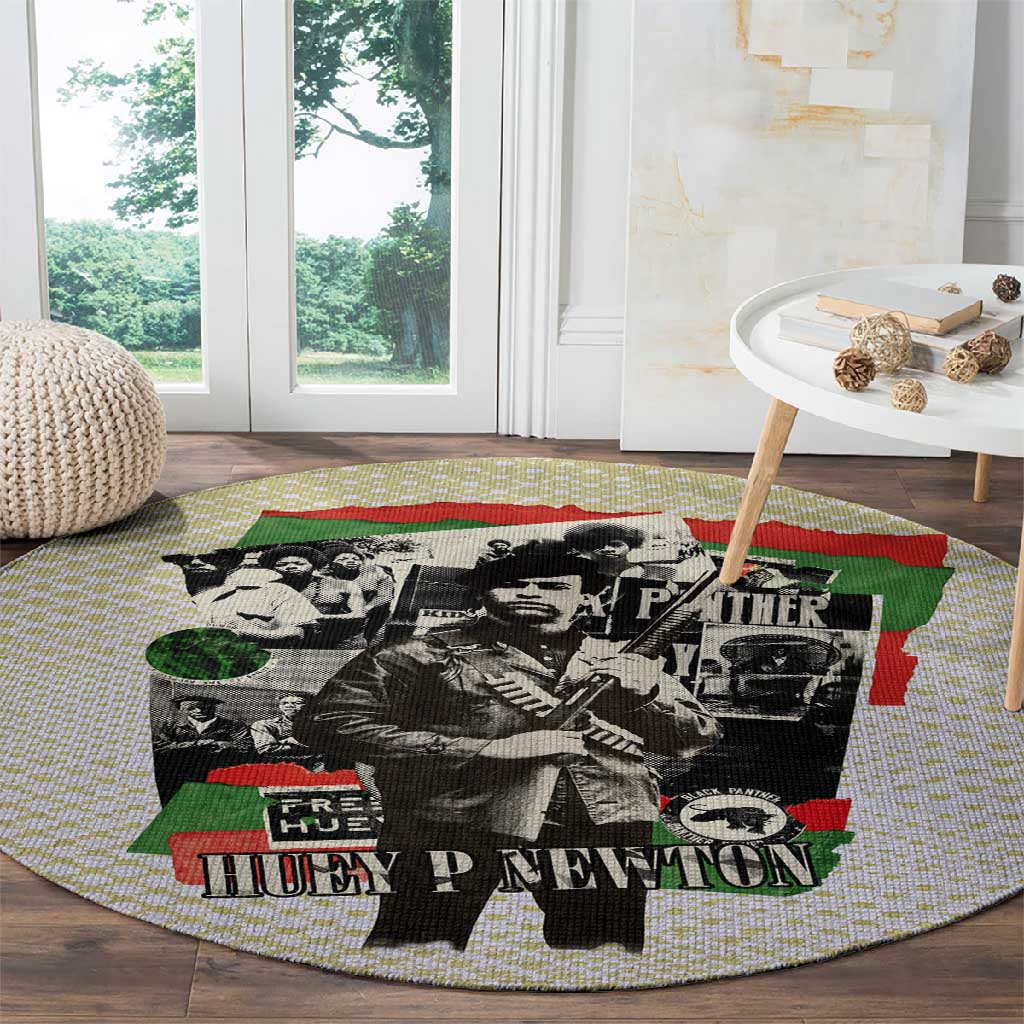 Huey P. Newton Round Carpet Black Panther Collage Design Civil Rights Movement Theme Revolutionary Tribute - African Pride