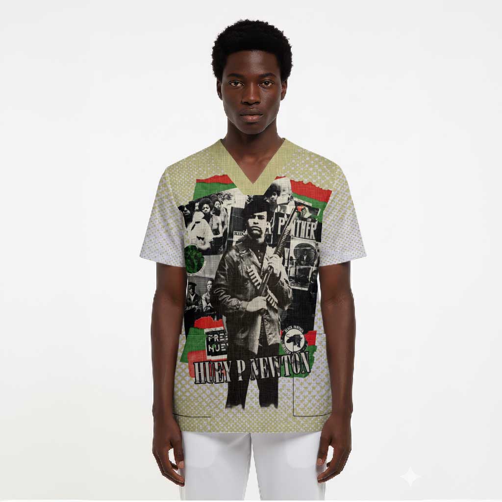 Huey P. Newton Scrub Top Black Panther Collage Design Civil Rights Movement Theme Revolutionary Tribute - African Pride