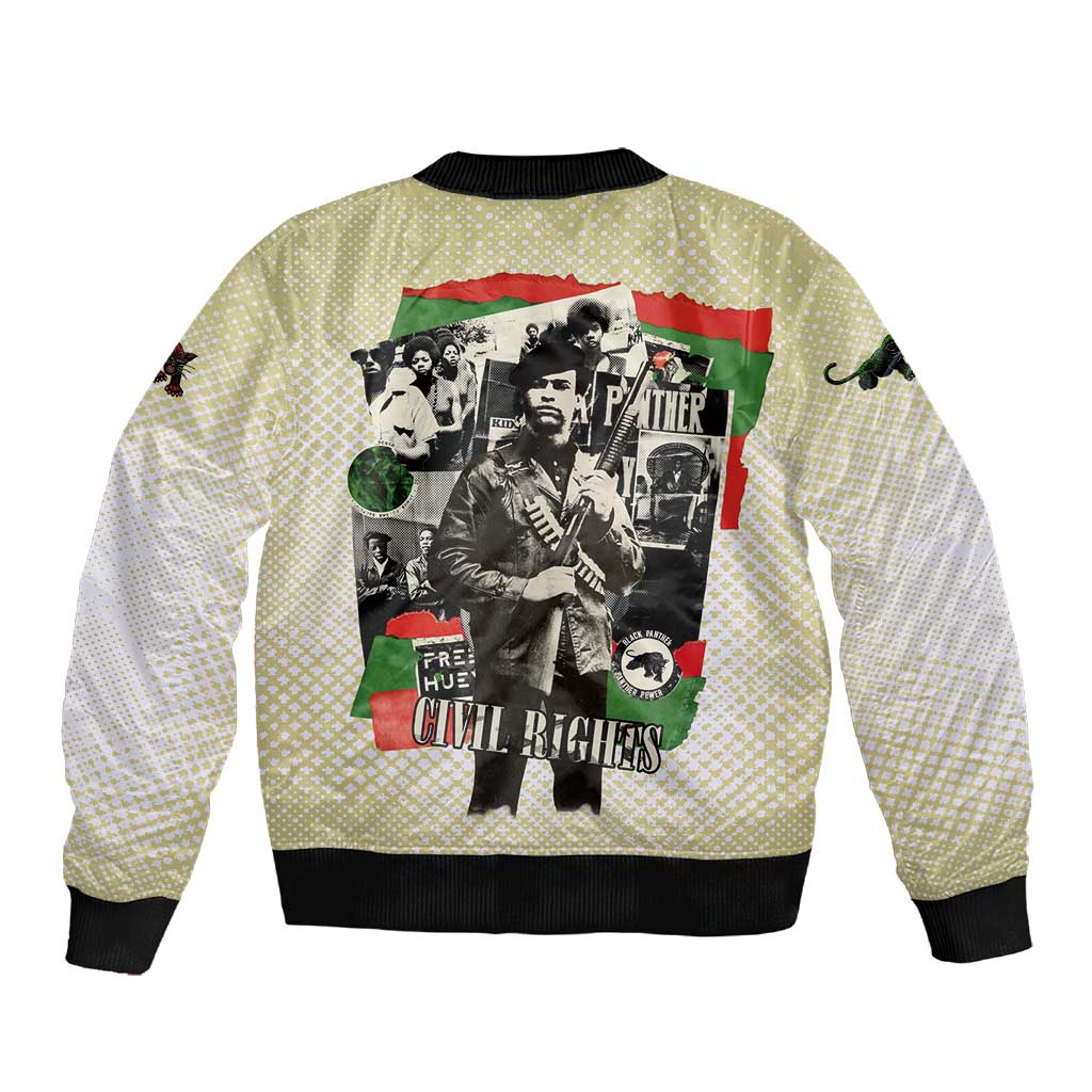 Huey P. Newton Sleeve Zip Bomber Jacket Black Panther Collage Design Civil Rights Movement Theme Revolutionary Tribute - African Pride