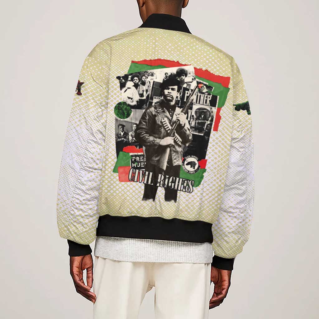 Huey P. Newton Sleeve Zip Bomber Jacket Black Panther Collage Design Civil Rights Movement Theme Revolutionary Tribute - African Pride