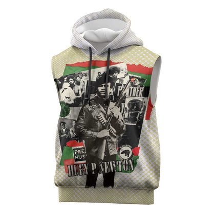 Huey P. Newton Sleeveless Hoodie Black Panther Collage Design Civil Rights Movement Theme Revolutionary Tribute - African Pride