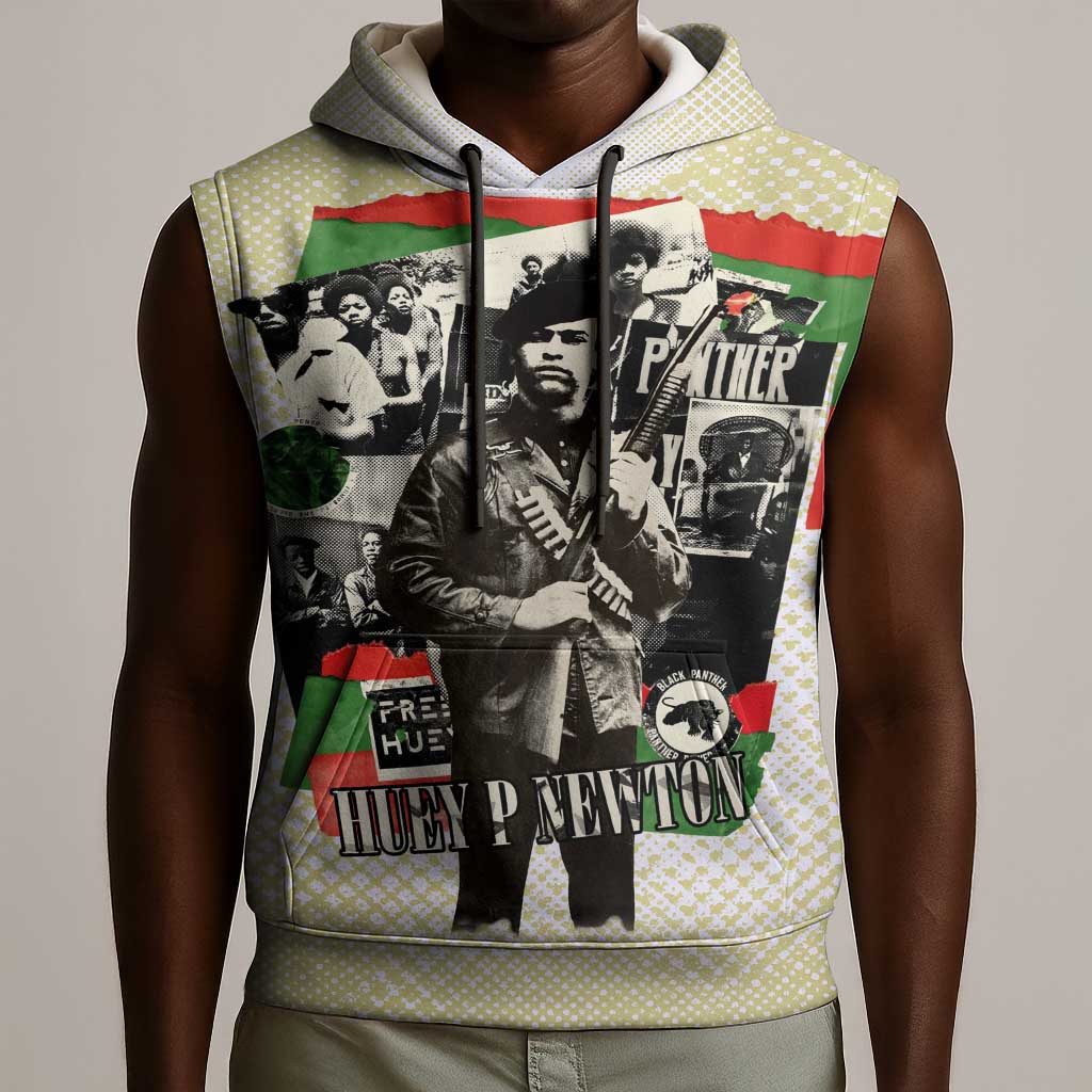 Huey P. Newton Sleeveless Hoodie Black Panther Collage Design Civil Rights Movement Theme Revolutionary Tribute - African Pride