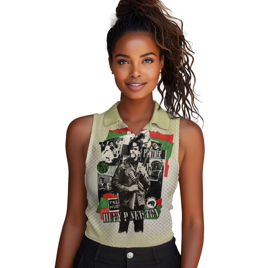 Huey P. Newton Women Sleeveless Polo Shirt Black Panther Collage Design Civil Rights Movement Theme Revolutionary Tribute - African Pride