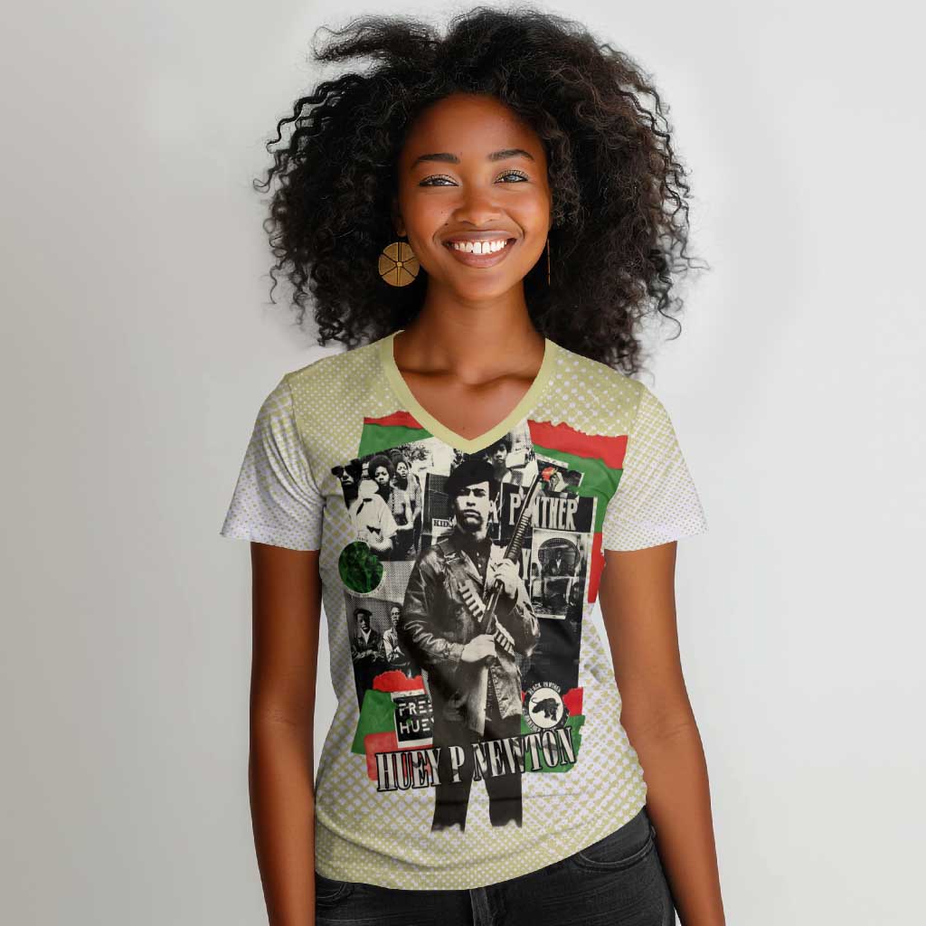Huey P. Newton Women V-Neck T-Shirt Black Panther Collage Design Civil Rights Movement Theme Revolutionary Tribute TS04