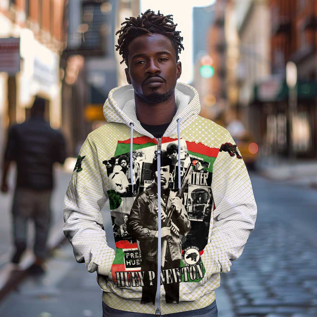 Huey P. Newton Zip Hoodie Black Panther Collage Design Civil Rights Movement Theme Revolutionary Tribute - African Pride