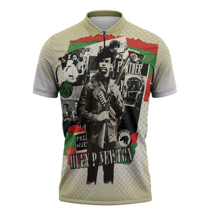 Huey P. Newton Zipper Polo Shirt Black Panther Collage Design Civil Rights Movement Theme Revolutionary Tribute - African Pride