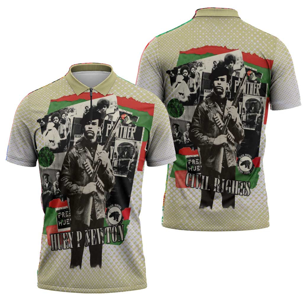 Huey P. Newton Zipper Polo Shirt Black Panther Collage Design Civil Rights Movement Theme Revolutionary Tribute - African Pride