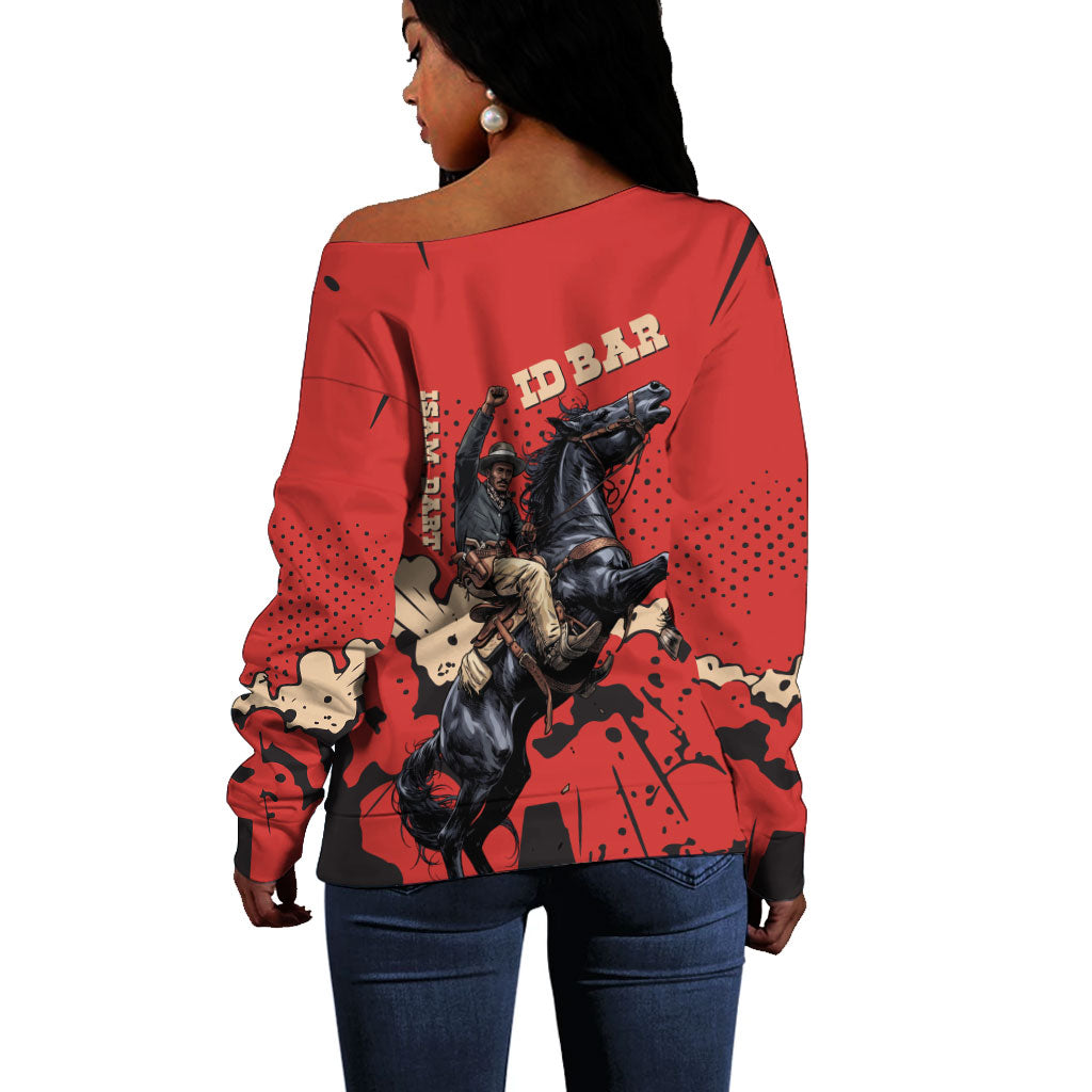 Isom Dart Black Cowboy Off Shoulder Sweater Wild West Outlaw Vintage Comic Art