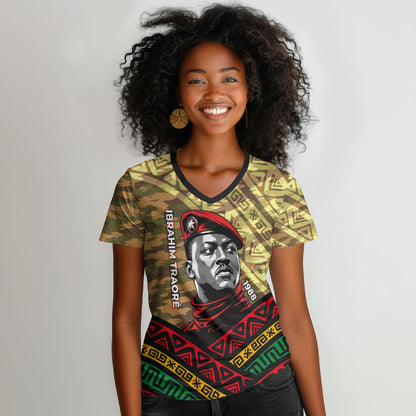 Ibrahim Traore Burkina Faso Women V-Neck T-Shirt West African Revolutionary Art