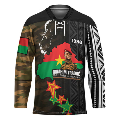 Ibrahim Traore Burkina Faso Make Africa Great Again Hockey Jersey West African Patriotic Military Tribal Patterns