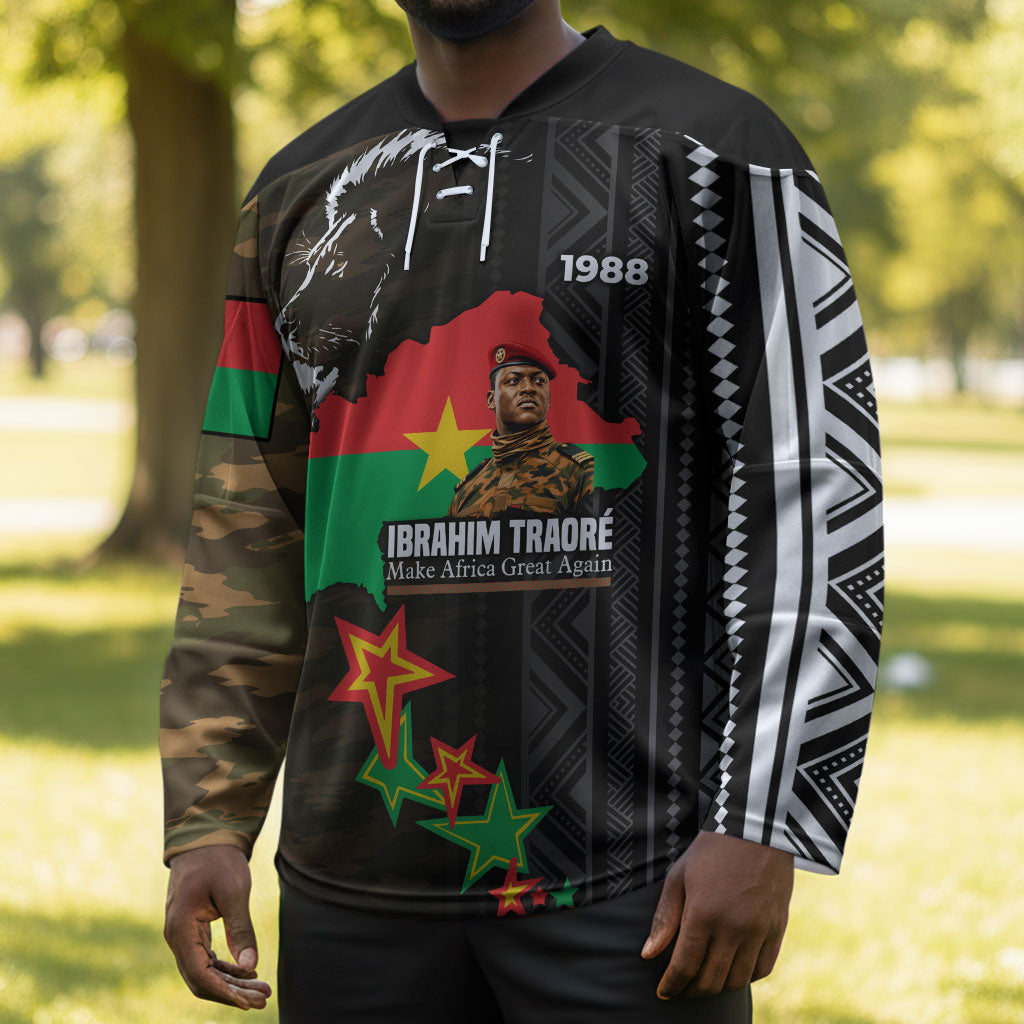 Ibrahim Traore Burkina Faso Make Africa Great Again Hockey Jersey West African Patriotic Military Tribal Patterns