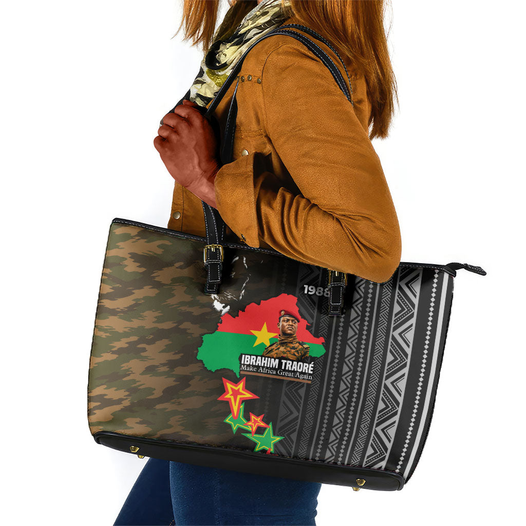 Ibrahim Traore Burkina Faso Make Africa Great Again Leather Tote Bag West African Patriotic Military Tribal Patterns