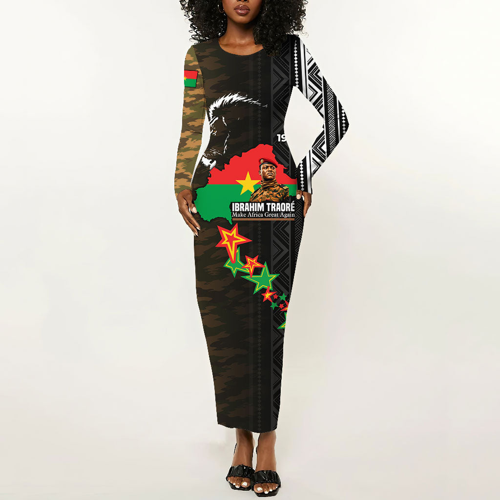 Ibrahim Traore Burkina Faso Make Africa Great Again Long Sleeve Bodycon Dress West African Patriotic Military Tribal Patterns