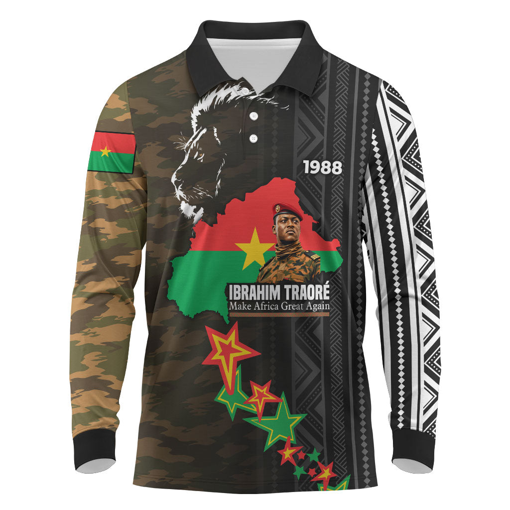 Ibrahim Traore Burkina Faso Make Africa Great Again Long Sleeve Polo Shirt West African Patriotic Military Tribal Patterns