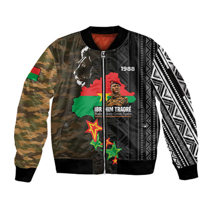 Ibrahim Traore Burkina Faso Make Africa Great Again Sleeve Zip Bomber Jacket West African Patriotic Military Tribal Patterns