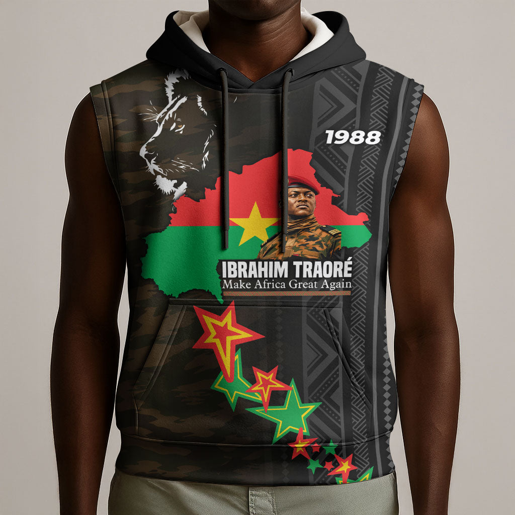 Ibrahim Traore Burkina Faso Make Africa Great Again Sleeveless Hoodie West African Patriotic Military Tribal Patterns