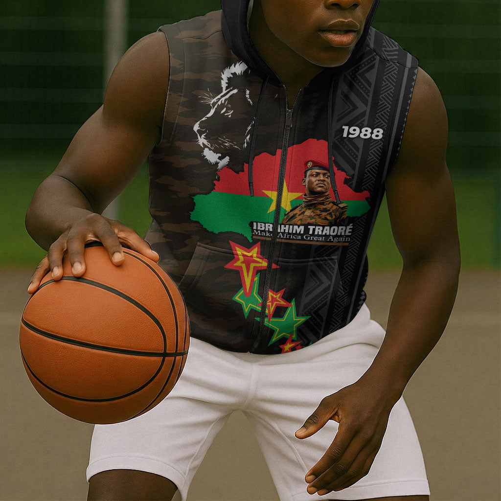 Ibrahim Traore Burkina Faso Make Africa Great Again Sleeveless Zip Hoodie West African Patriotic Military Tribal Patterns