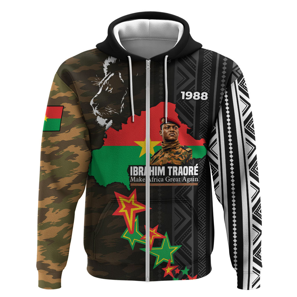 Ibrahim Traore Burkina Faso Make Africa Great Again Zip Hoodie West African Patriotic Military Tribal Patterns