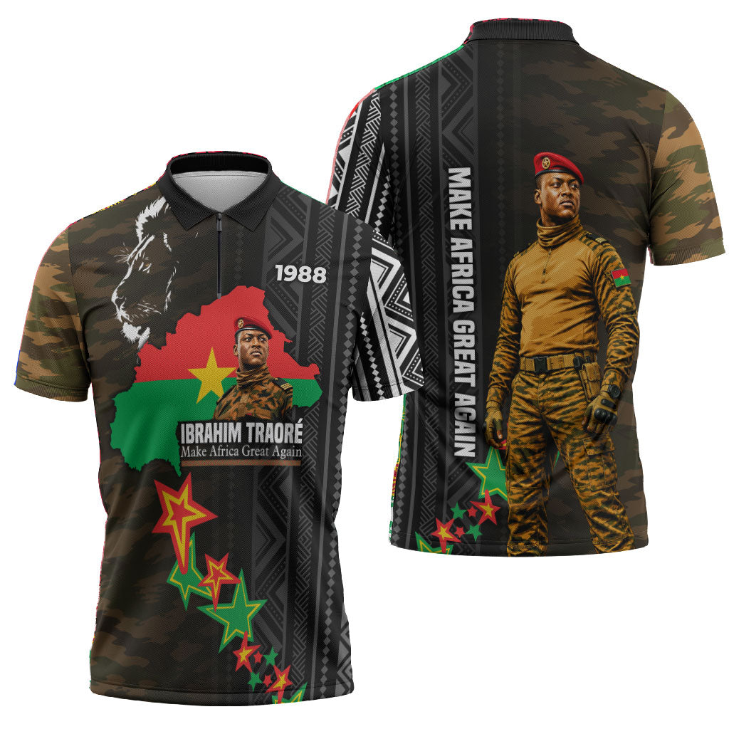 Ibrahim Traore Burkina Faso Make Africa Great Again Zipper Polo Shirt West African Patriotic Military Tribal Patterns