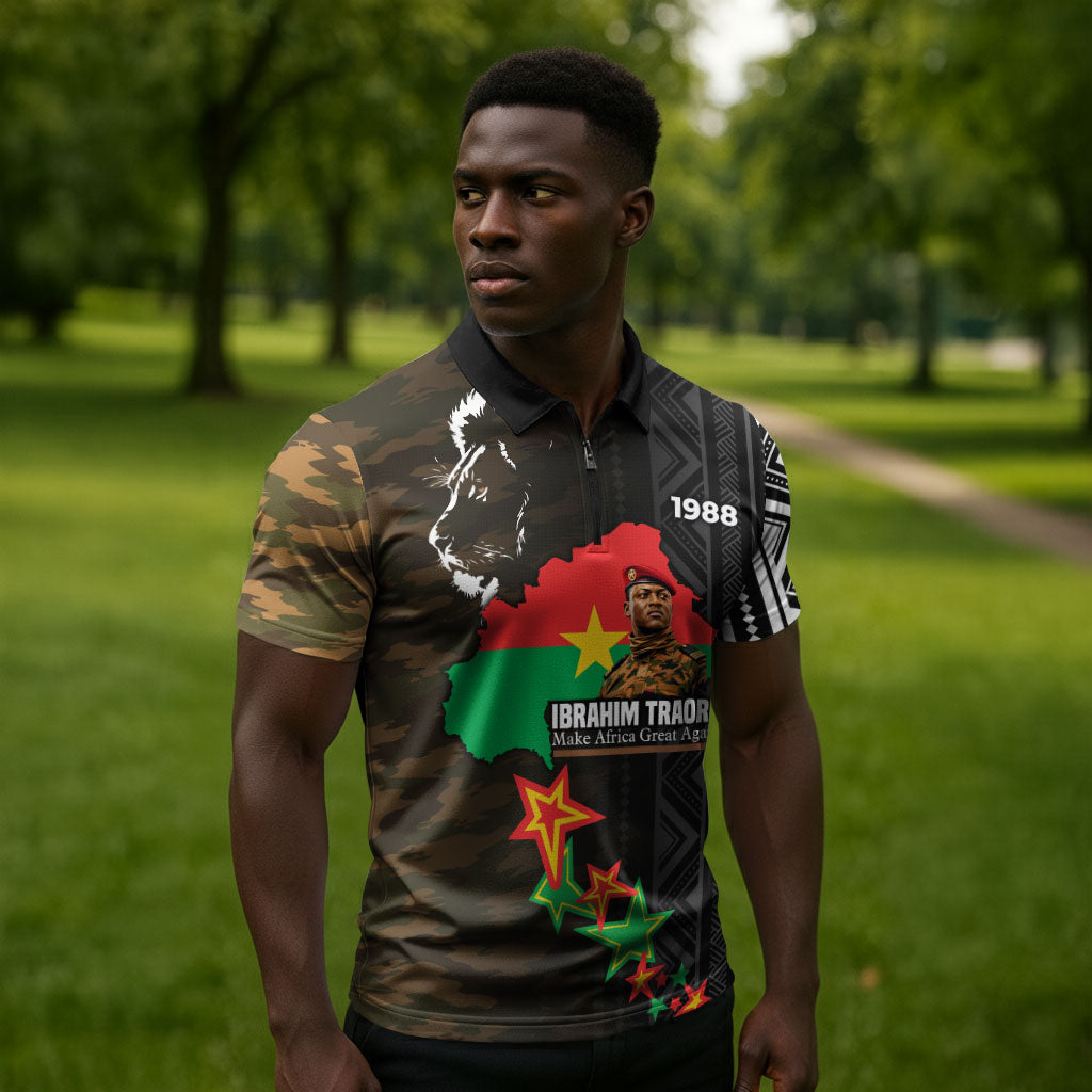 Ibrahim Traore Burkina Faso Make Africa Great Again Zipper Polo Shirt West African Patriotic Military Tribal Patterns
