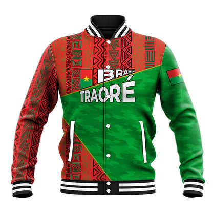 Ibrahim Traore Burkina Faso Fearless Leadership Baseball Jacket West African Tribal Pattern And Patriotic Camo Art